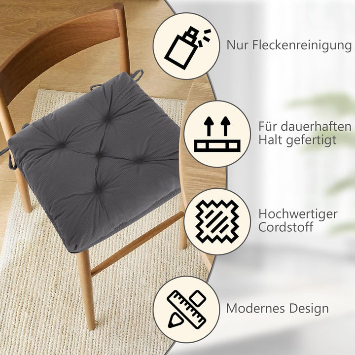 Sitzkissen, 2er Set Stuhlkissen aus Cordstoff, Memory Foam mit Doppel-Layer Design, Befestigungsriem
