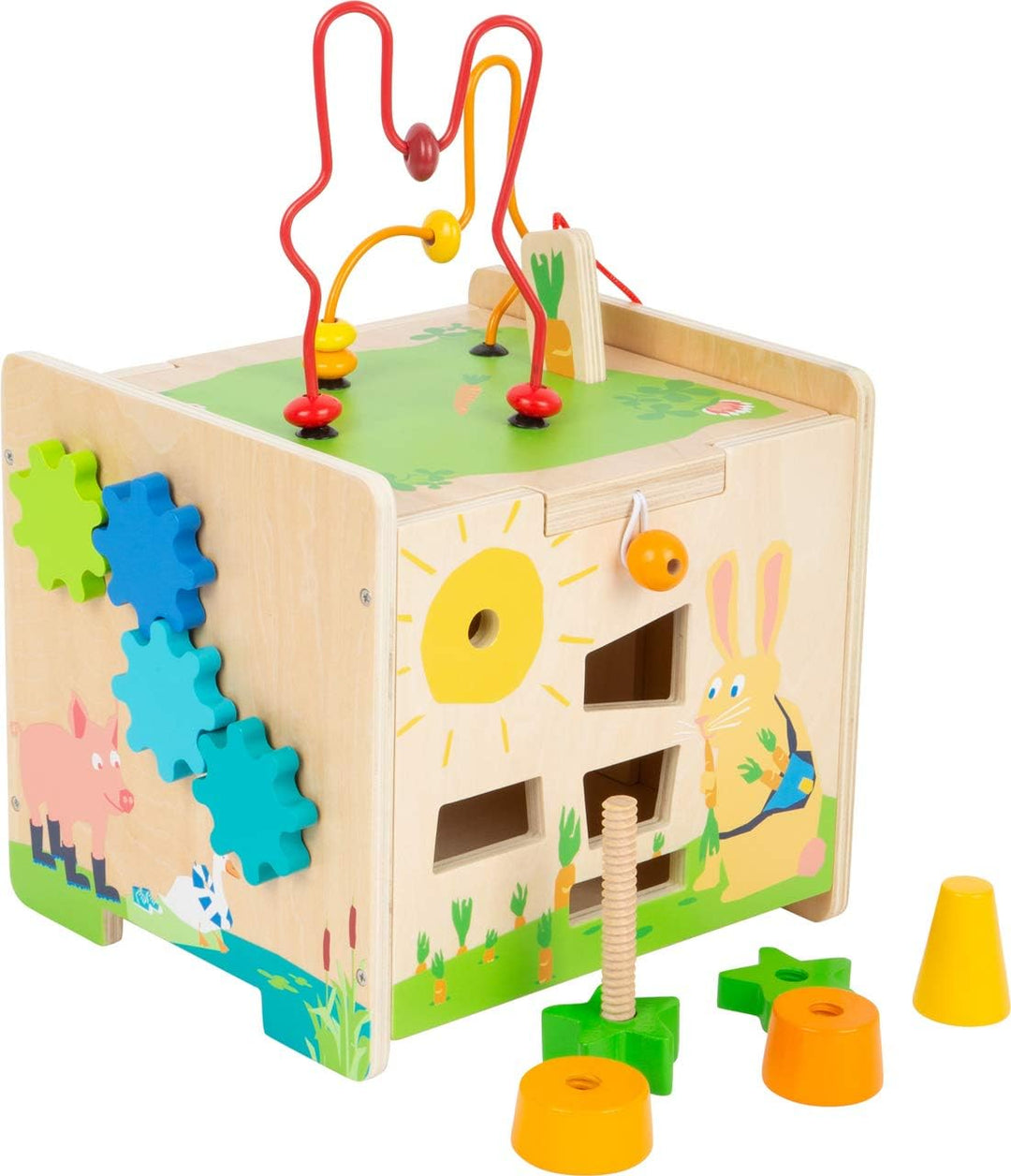 small foot Motorikwürfel Hase aus Holz, mit fünf bespielbaren Seiten, als Kinderhocker verwendbar, a