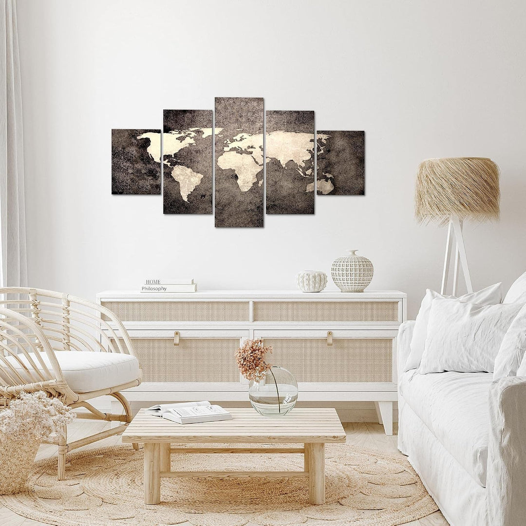 Runa Art Wandbilder Weltkarte 5 Teilig Bild auf Vlies Leinwand Deko Büro Wohnzimmer Vintage Antik Br