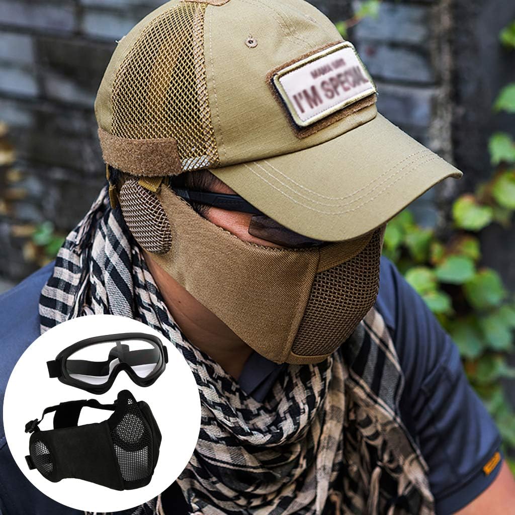Hodeacc Airsoft-Maske und Brille, Halbgesichtsmaske aus Metallgeflecht, mit Ohrenschutz, Anti-UV-Air