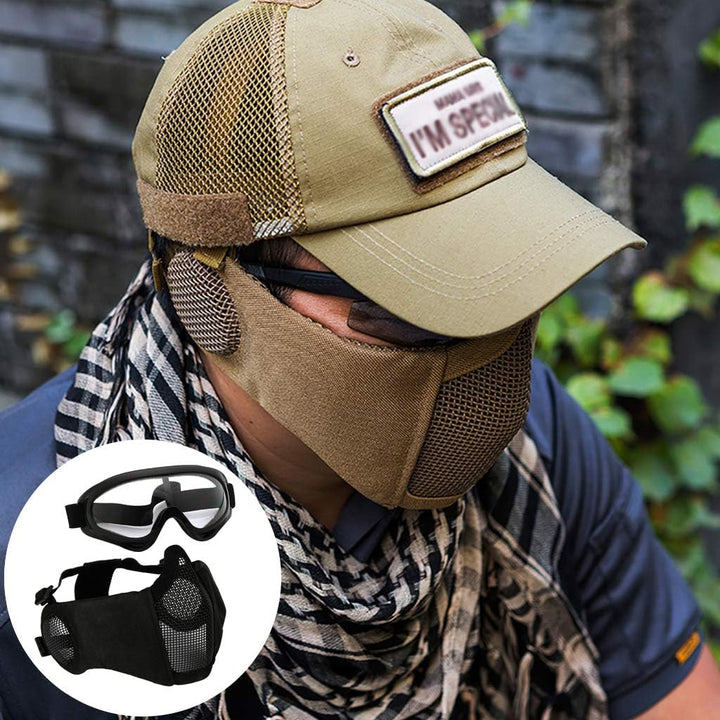 Hodeacc Airsoft-Maske und Brille, Halbgesichtsmaske aus Metallgeflecht, mit Ohrenschutz, Anti-UV-Air