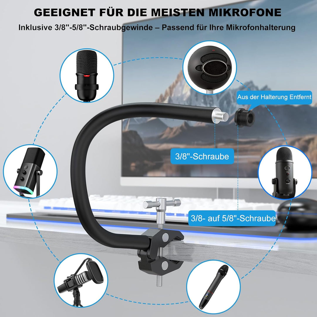 ZealSound Mikrofon Arm, Schwanenhals Arm mit robuster Krabbenklemme für runde Rohre und Tischplatten