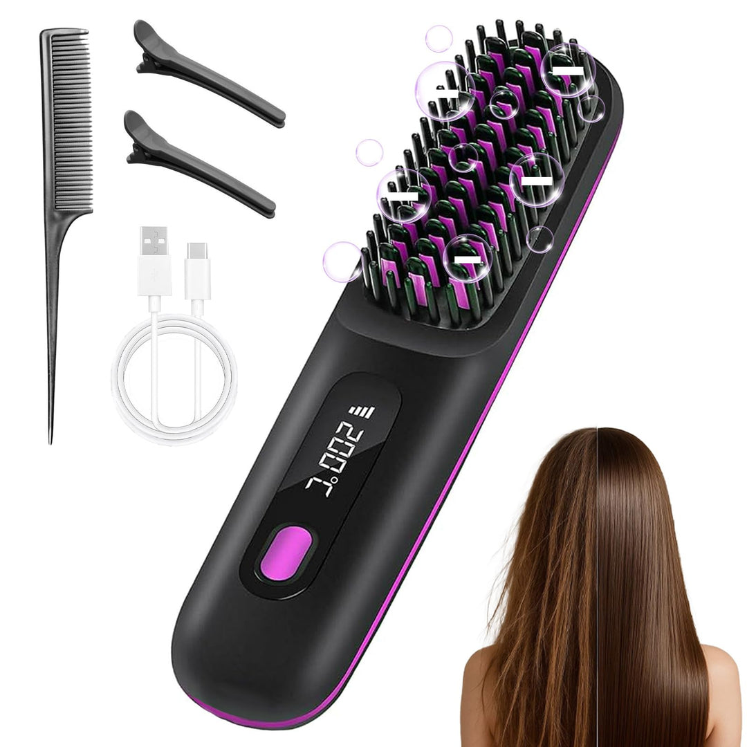 Go Brush Pro, 4 in 1 Glättbürste Kabellos, Tragbare Haarbürste Elektrisch, Verbrühungsschutz Glättei