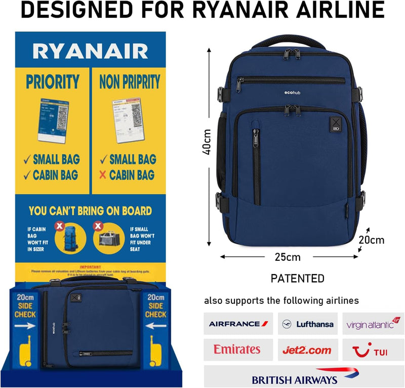 ECOHUB Rucksack 40x20x25 für Ryanair Flugzeug Reiserucksack Handgepäck Gepäck Laptop Daypacks PET-Re