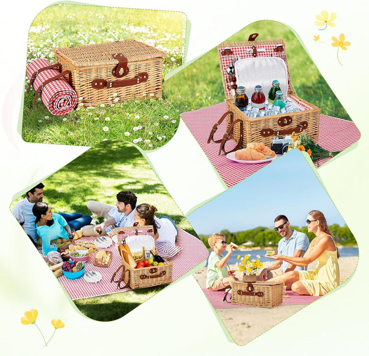 Picknickkorb für 4 Personen, handgeflochtener Korb mit eingebauter Isolierung und wasserdichter Deck