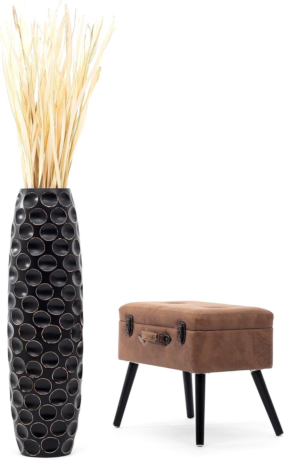 Leewadee Grosse Bodenvase für Dekozweige hohe Standvase Design Holzvase, Holz, 90 cm, Schwarz 90 cm