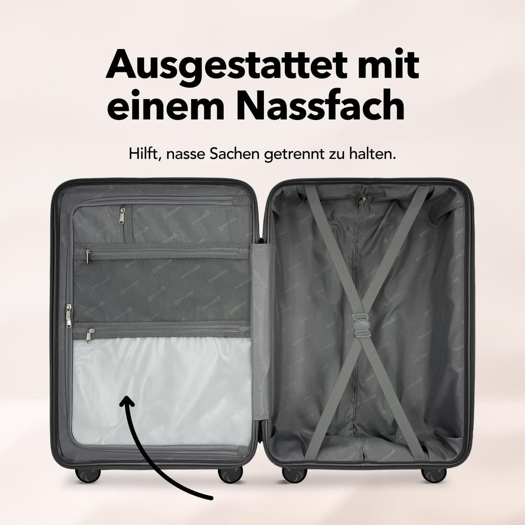 Travel One Kofferset 4-teilig – Schwarz – Hartschalen Trolley-Set 32/60/98L, Zahlenschloss &amp; 360° Ro