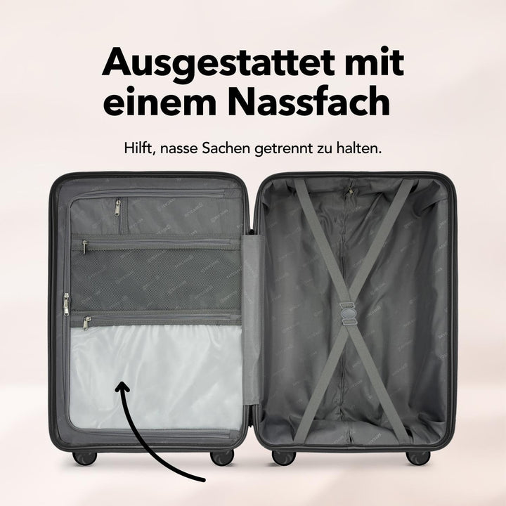 Travel One Handgepäck Koffer 40L – Schwarz – Kabinentrolley mit 4 Rollen, Zahlenschloss &amp; Gratis Tas