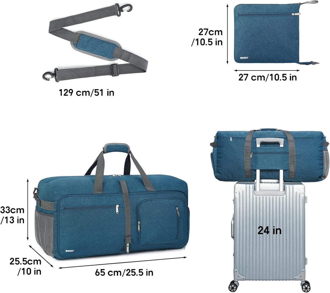 WANDF Reisetasche 65L mit Schuhfach Faltbare Weekender-Reisetasche Handgepäck für Männer Frauen (Bla
