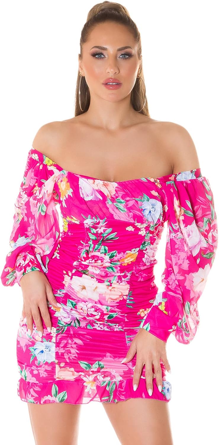Flower Printed Romantic Off Shoulder Minikleid mit Ballon-Ärmel Einheitsgrösse Rosa, Einheitsgrösse