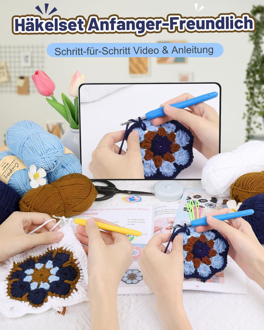 Coopay Granny Square Häkelset für Anfänger Profis, Komplettes Häkelset für Decke Häkeln, Häkel Set m