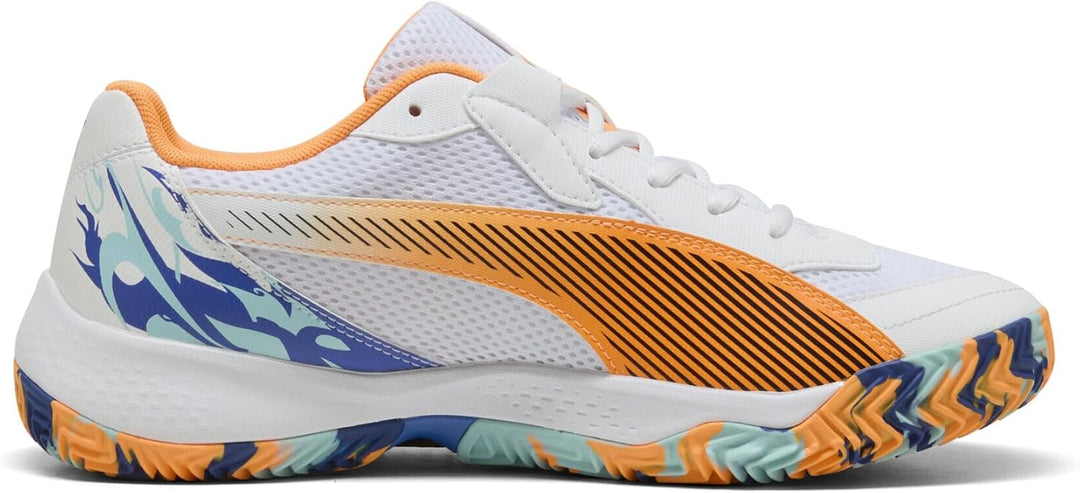 PUMA Unisex Nova Court Tennis Shoe, Puma White Puma Black Vivid Blue Heat Fire
