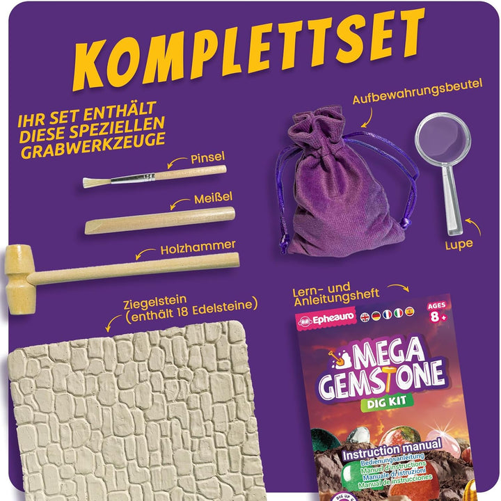 Mega Edelstein-Ausgrabungsset für Kinder – 18 echte Kristalle, Mineralien & Steine für Kinder ab 8 J