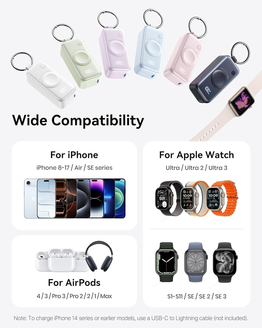 INIU Power Bank für Apple Watch, 5000mAh Powerbank mit eingebautem Kabel, Schlankes Reise Schlüssela