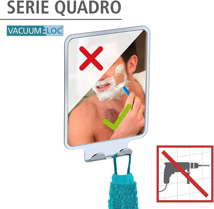 WENKO Vacuum-Loc Antibeschlag-Spiegel Quadro, Dusch Kosmetik-Spiegel mit 2 Haken, Befestigen ohne Bo