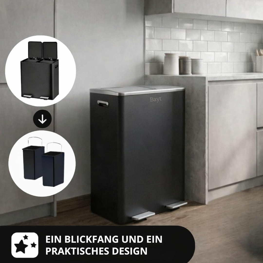 Bayt Mülleimer 2 Fächer - Mülleimer 60 L für Abfalltrennung, Abfälleimer Küche aus Edelstahl, Schwar