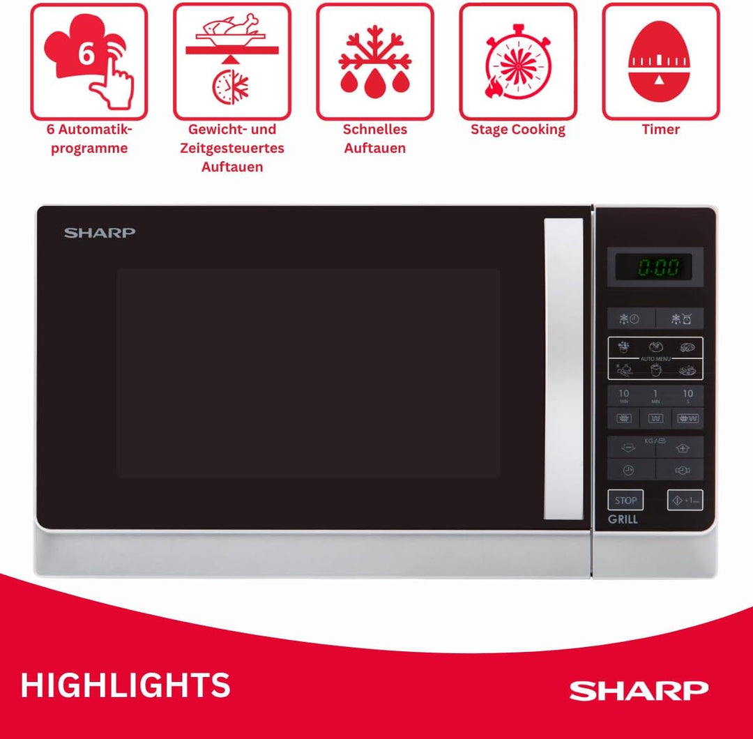 Sharp R742INW 2-in-1 Mikrowelle mit Grill / 25 L / 900 W / 1000 W Grill / LED-Display / 8 Automatikp
