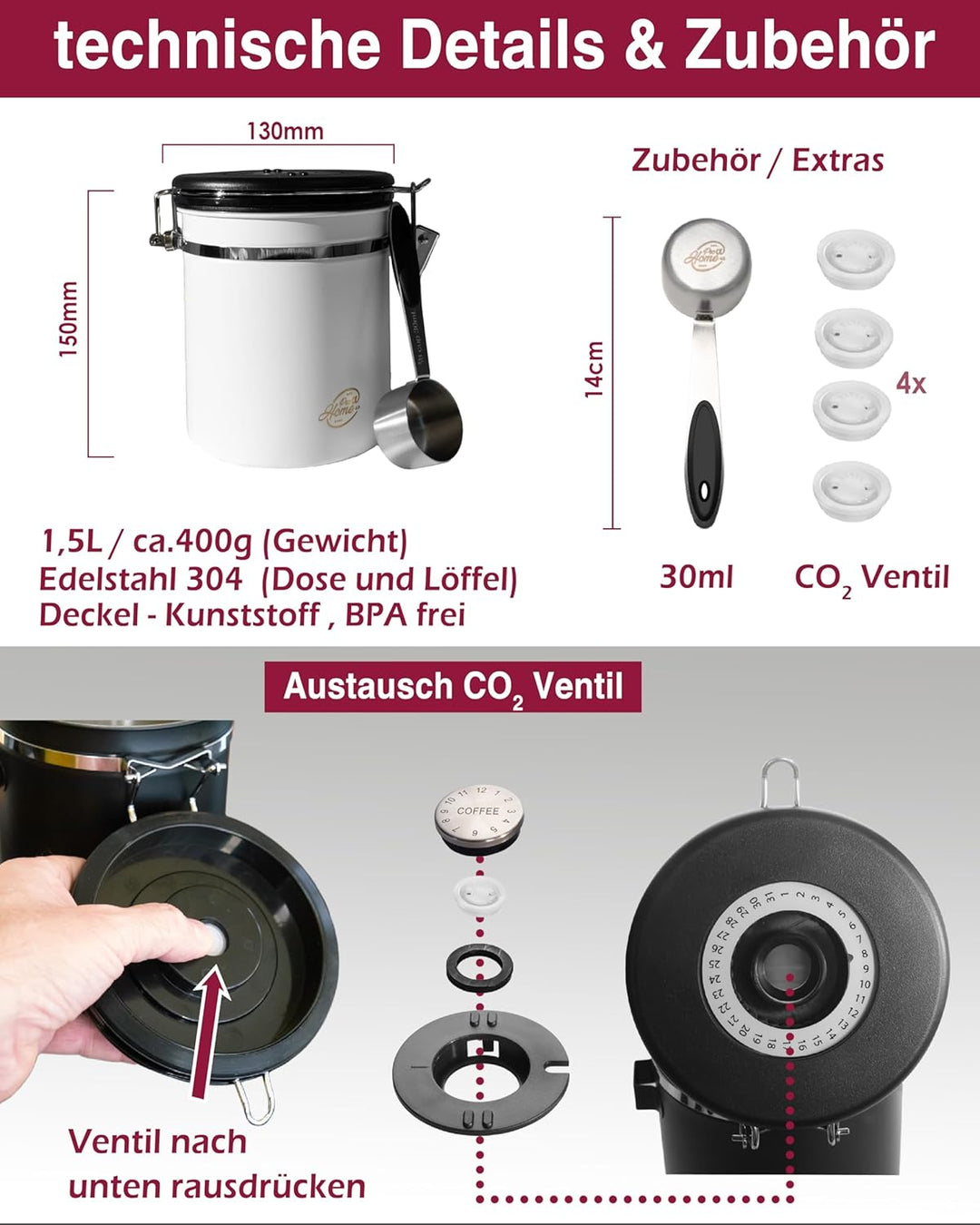 Kaffeedose luftdicht 500g - Weiss - Kaffeebohnen Vorratsbehälter 1,5L aus Edelstahl mit Kalenderfunk