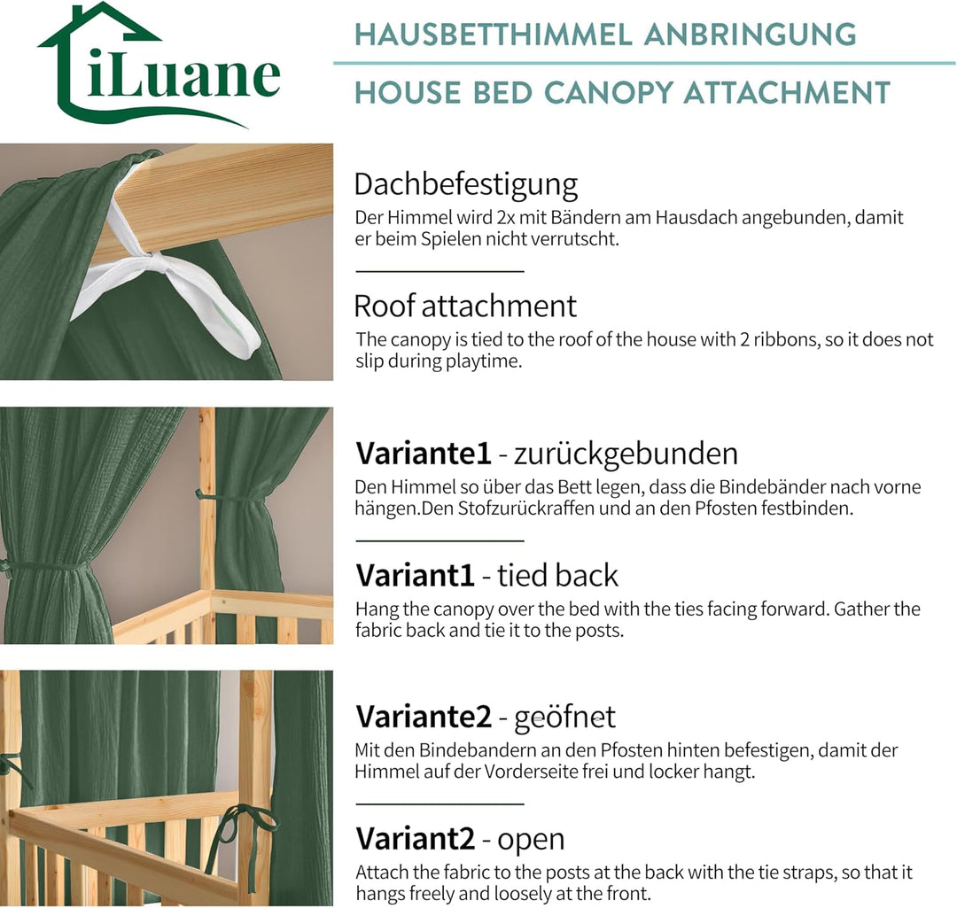iLuane Hausbett Himmel Deko - 3PCS Betthimmel Hausbett Set, 100% Baumwolle Musselin Vorhang - Hausbe