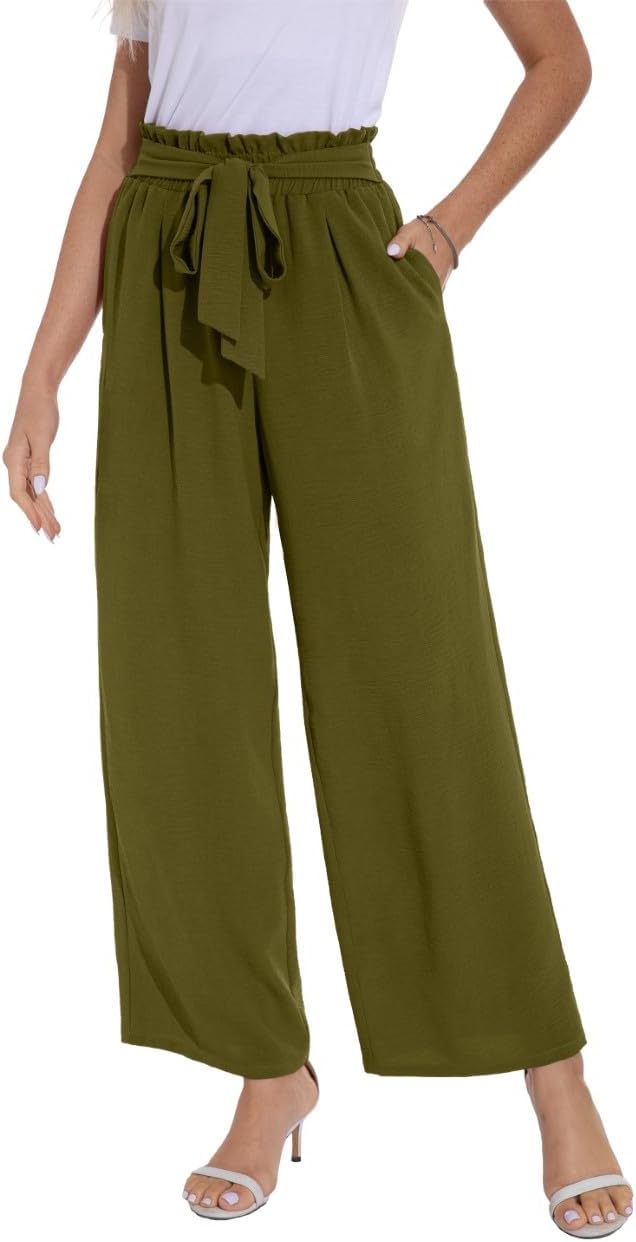 PrinStory Damen Hose Mit Weitem Bein Leichte Elastische Taille Sommer Hose Mit Taschen Kausale Arbei