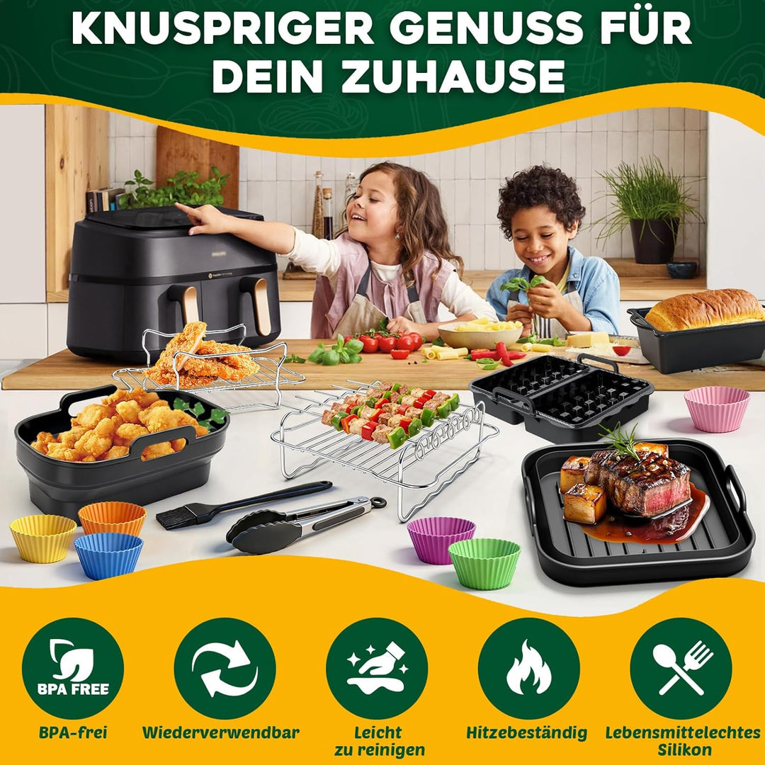 Heissluftfritteuse Zubehör für Philips Airfryer Dual Basket 3000-5000 serie 9L (6L/3L), 15 Stück Sil