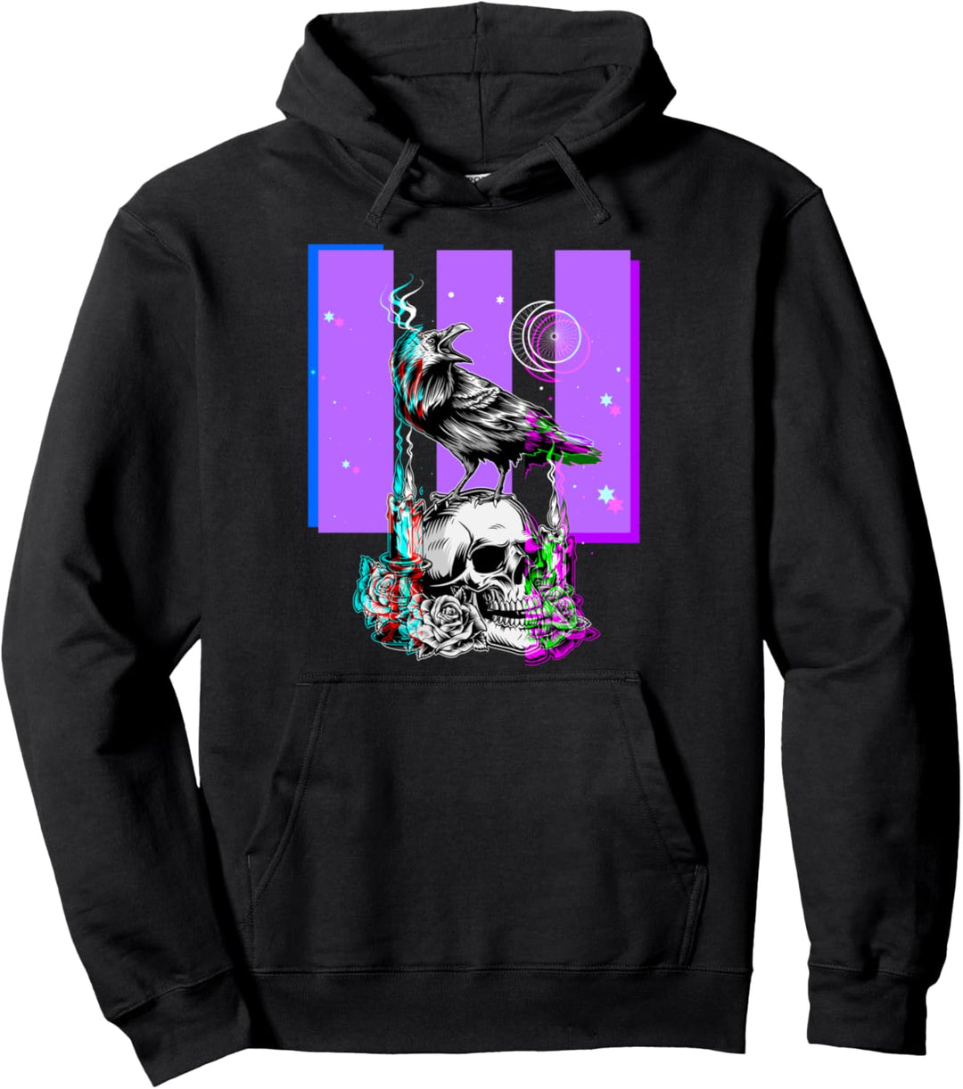 Krähe auf Totenkopf, Rabe, Vaporwave, ästhetisch Pullover Hoodie