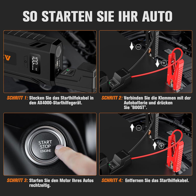 ASPERX Starthilfe Powerbank 4000A, Tragbare Auto Starthilfe für 12V-Fahrzeuge (bis zu Alle Benzin od