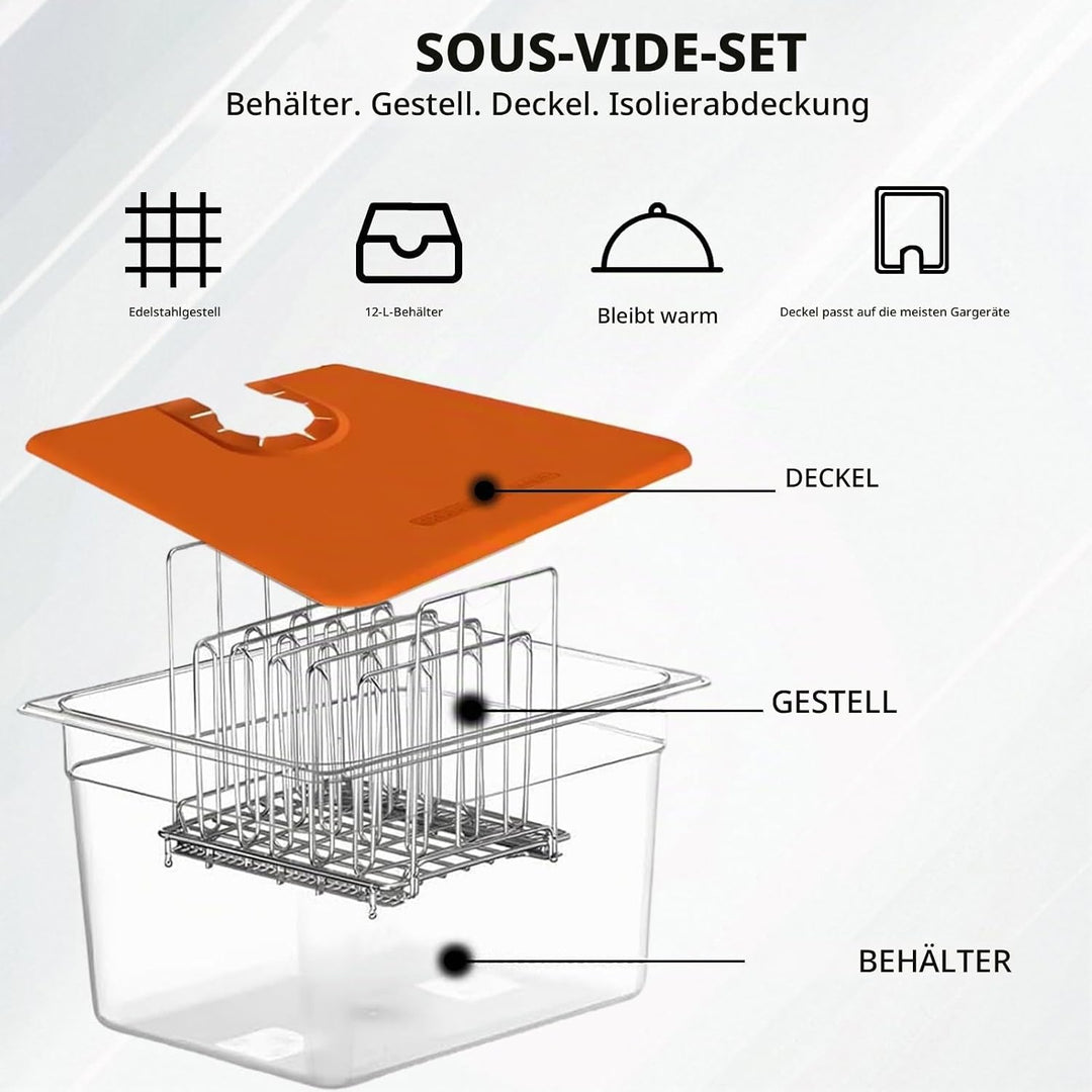 Sous Vide Behälter 12L, Sous Vide Container mit Deckel, Thermohülle und Rack, Multifunktionaler Tran
