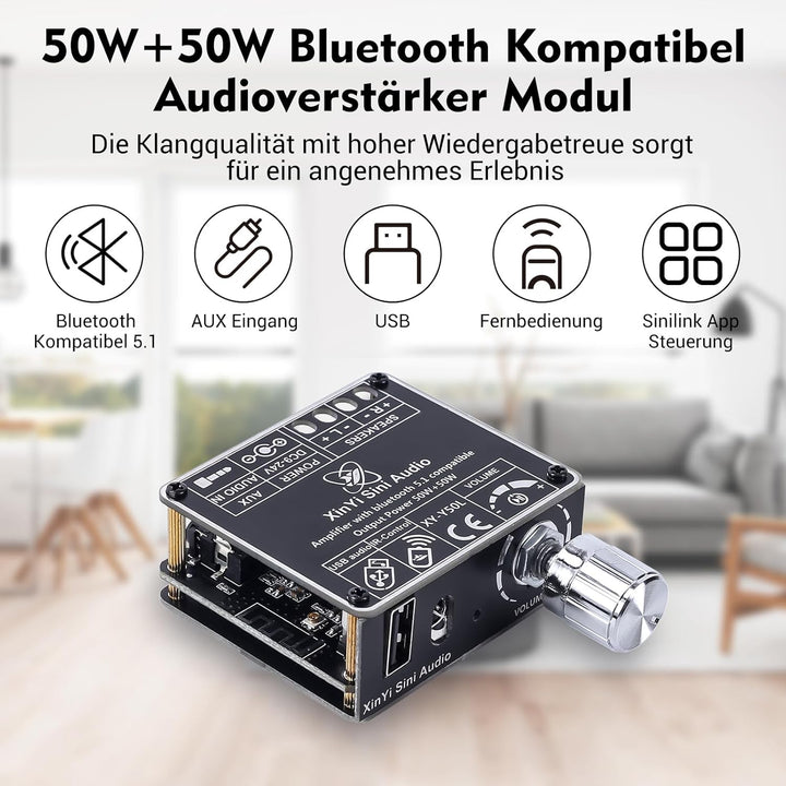DONGKER Bluetooth 5.1 Verstärkerplatine DC 9-24V 2x50W Hifi 2.0 Stereo Audio Empfänger Leistungsvers