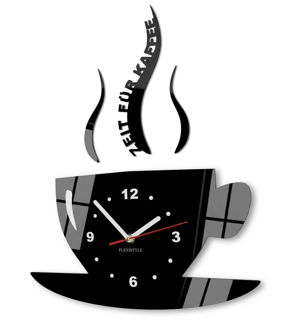 FLEXISTYLE Tasse Zeit für Kaffee Moderne Küche Wanduhr, 3D römisch, wanduhr deko (schwarz), Schwarz