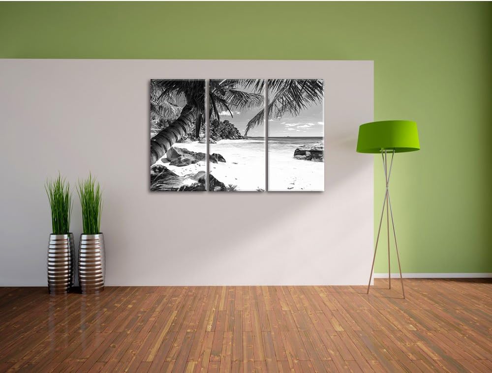 Pixxprint Palmenstrand Seychellen Kunst B&W / 3-Teilig/Gesamtmass 120cm Leinwandbild bespannt auf Ho