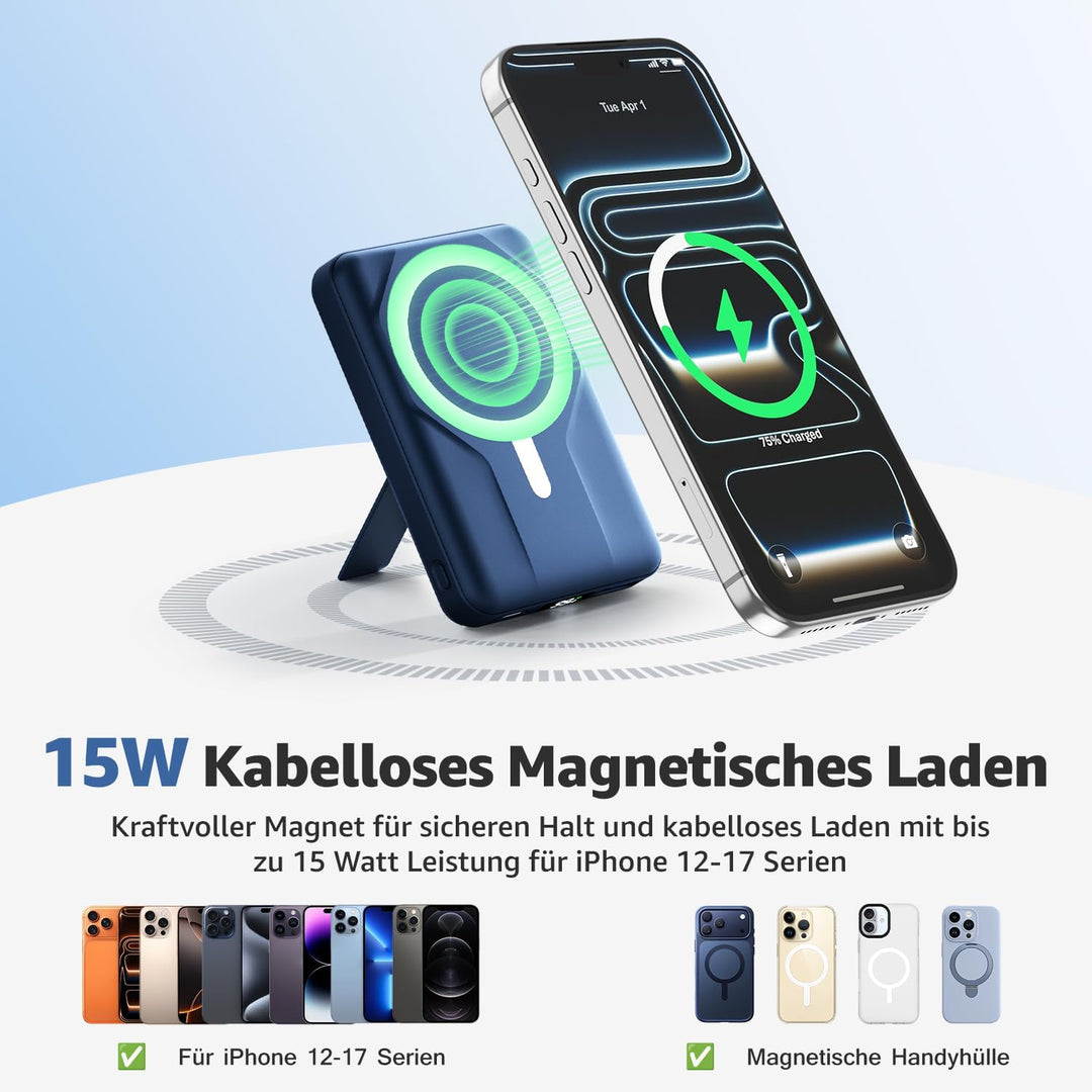Magnetische Wireless Powerbank 10000mAh, Kompatibel mit MagSafe, Tragbare 15W Kabelloses Schnelllade