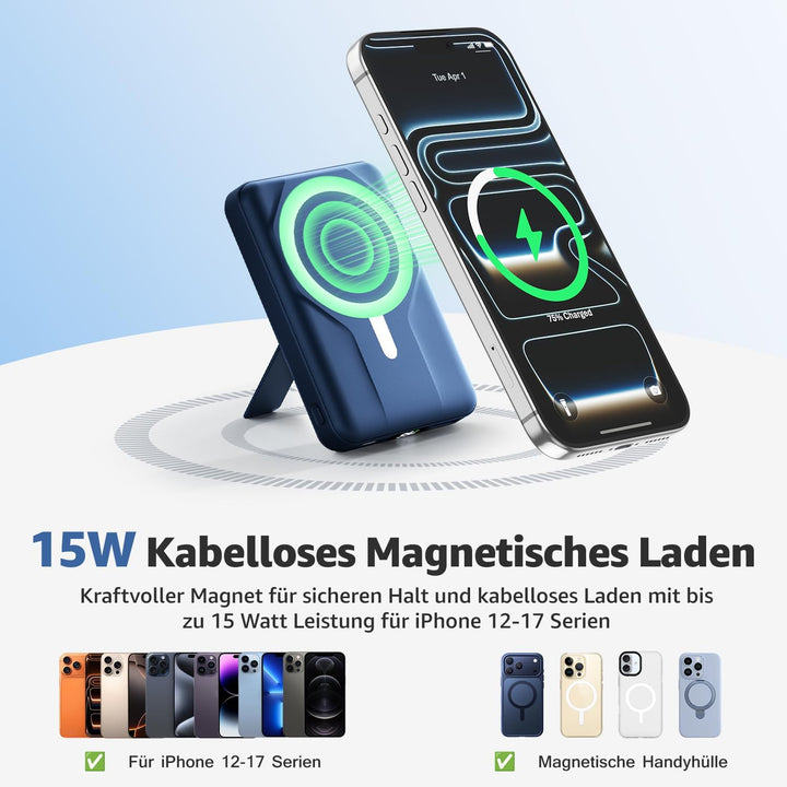 Magnetische Wireless Powerbank 10000mAh, Kompatibel mit MagSafe, Tragbare 15W Kabelloses Schnelllade