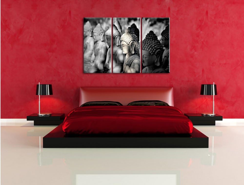 Pixxprint Meditierende Buddha-Statuen in Einer Reihe B&W Detail 3-Teiler Leinwandbild 120x80 Bild au