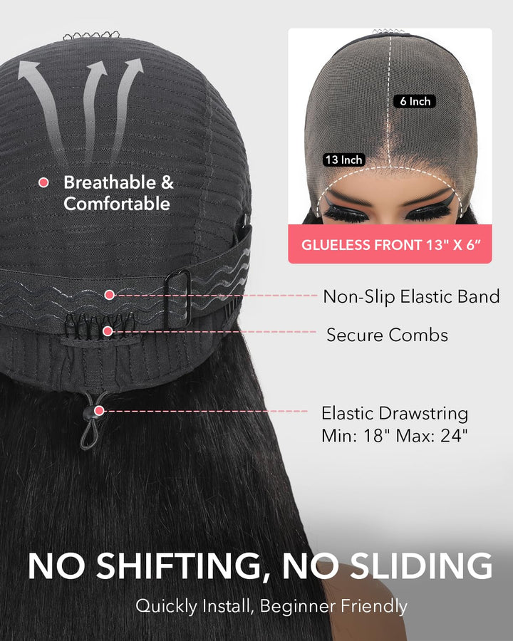 Tunfine 13x6 Full Lace Front Drawstring Wig Human Hair for Women 200 Density Glueless Straight Perüc
