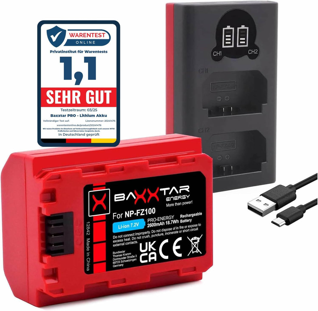 Baxxtar Pro NP-FZ100 2400mAh Kamera-Akku/Generation IV/Laden mit Mini LCD DUAL Gerät - Eingang USB-C