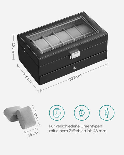 SONGMICS Uhrenbox, Uhrenkoffer, Glasdeckel, 2-stöckige Schatulle, 12 Uhren, abschliessbar, 1 Schubla