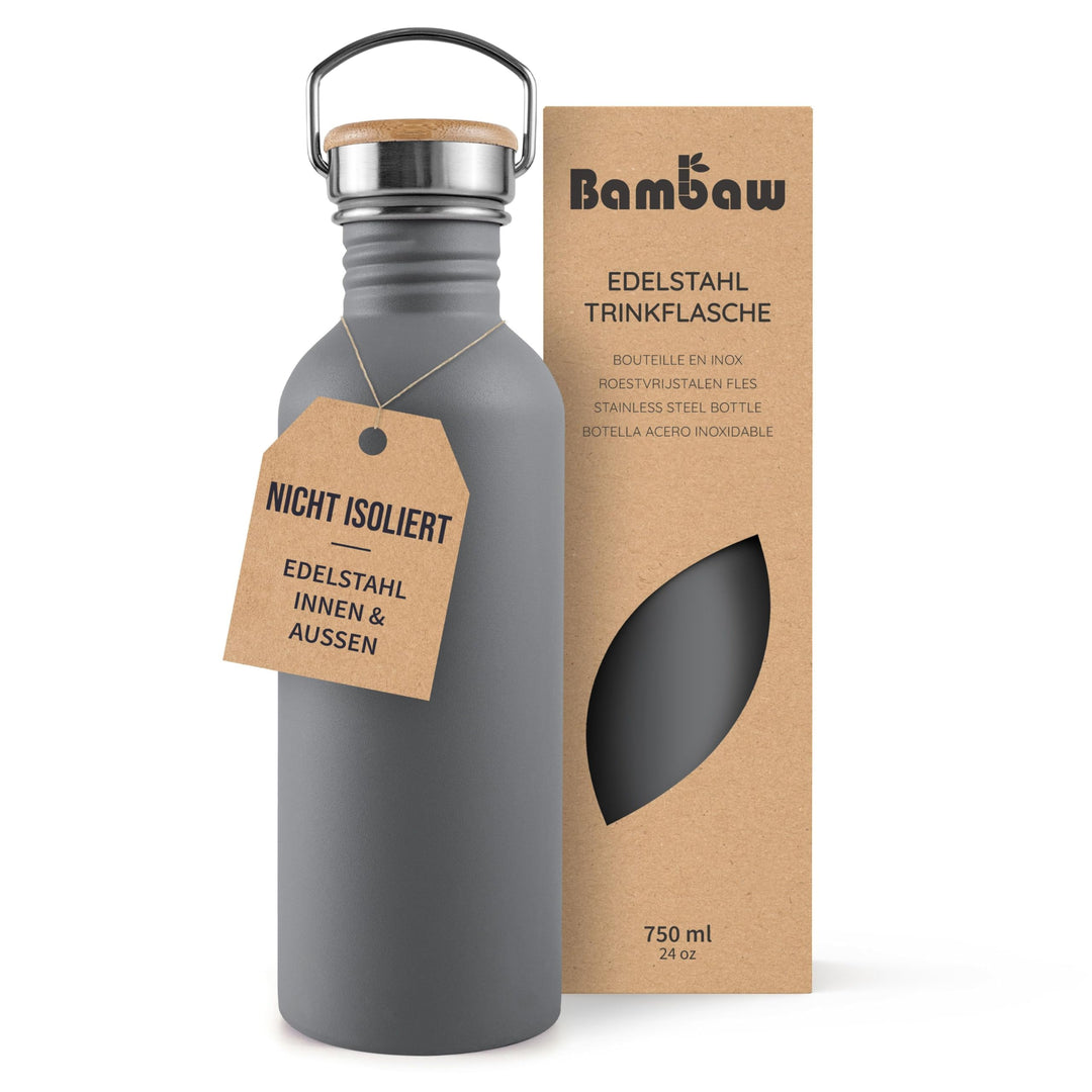 Bambaw Trinkflasche 750 ml Edelstahl, Nicht-isolierte Wasserflasche Grau, Wasserflasche für Unterweg