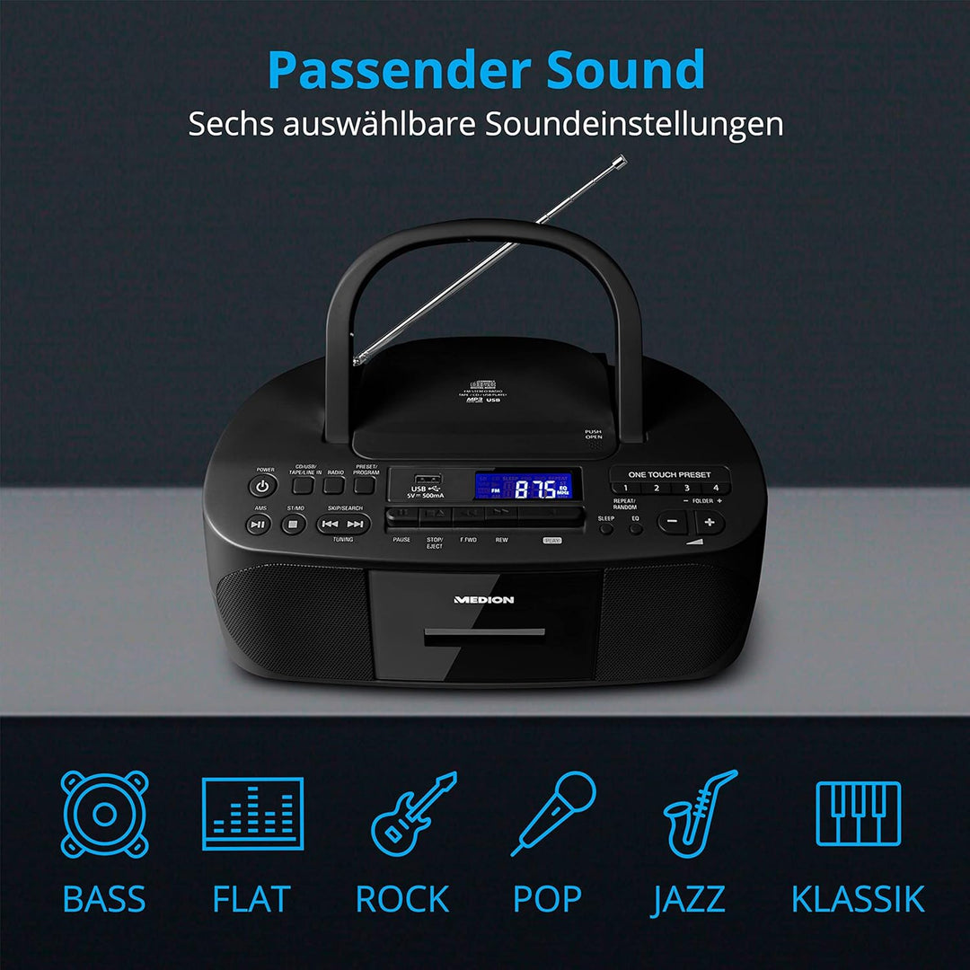 MEDION E65010 Stereoradio (CD-Player, Kassette, USB Anschluss, AUX Audioeingang, MP3-Widergabe. UKW