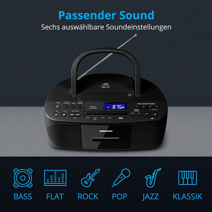 MEDION E65010 Stereoradio (CD-Player, Kassette, USB Anschluss, AUX Audioeingang, MP3-Widergabe. UKW