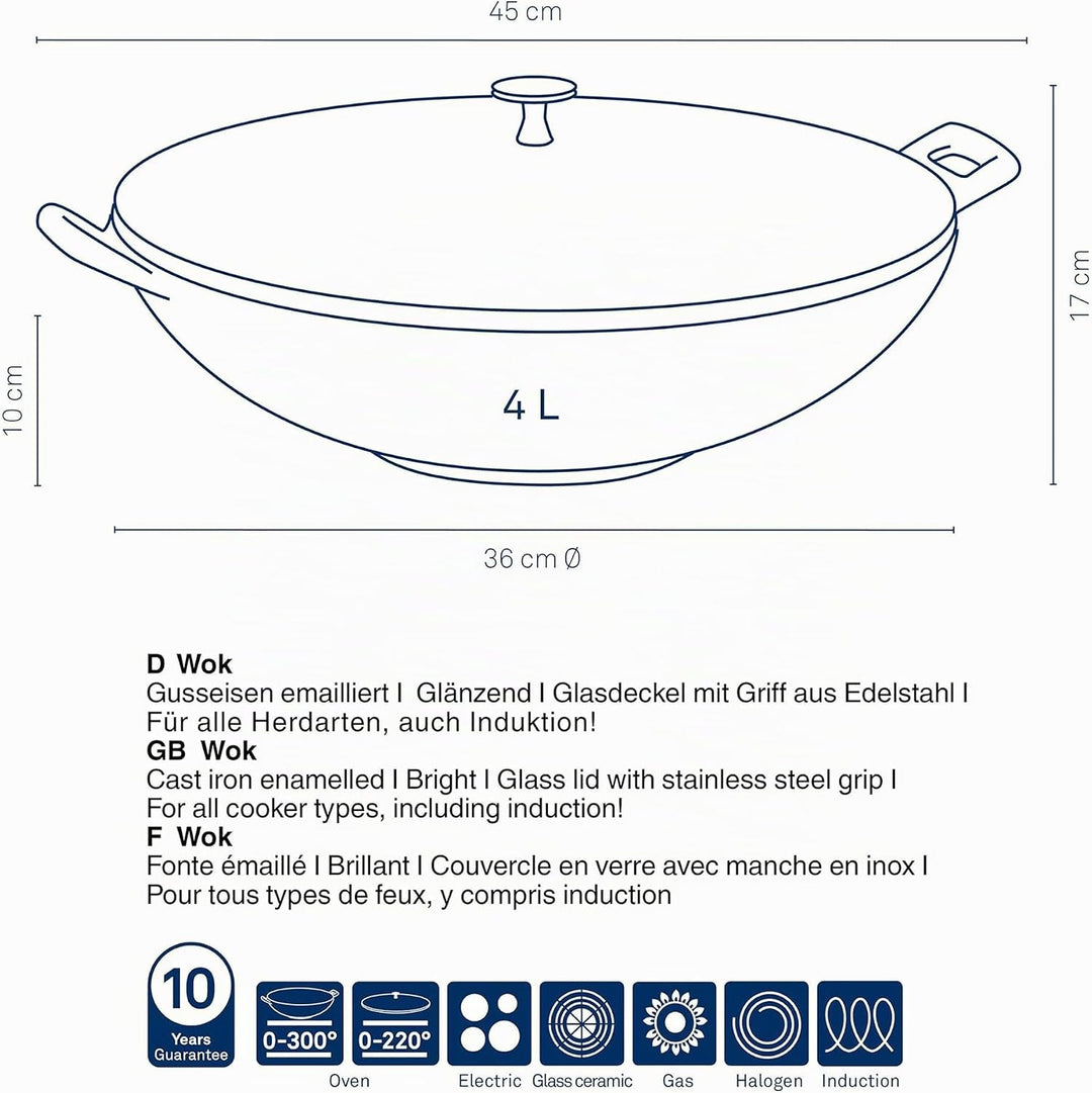 Kela Wok Calido, Ø 36 cm, 4 L, Gusseisen, hellgrau, Allherdboden, rau emailliert, Glasdeckel mit Ede