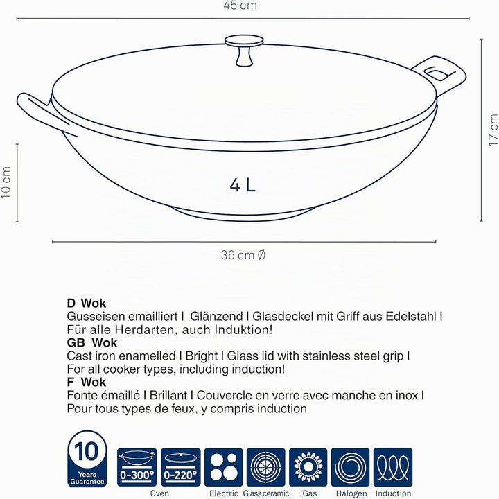Kela Wok Calido, Ø 36 cm, 4 L, Gusseisen, hellgrau, Allherdboden, rau emailliert, Glasdeckel mit Ede