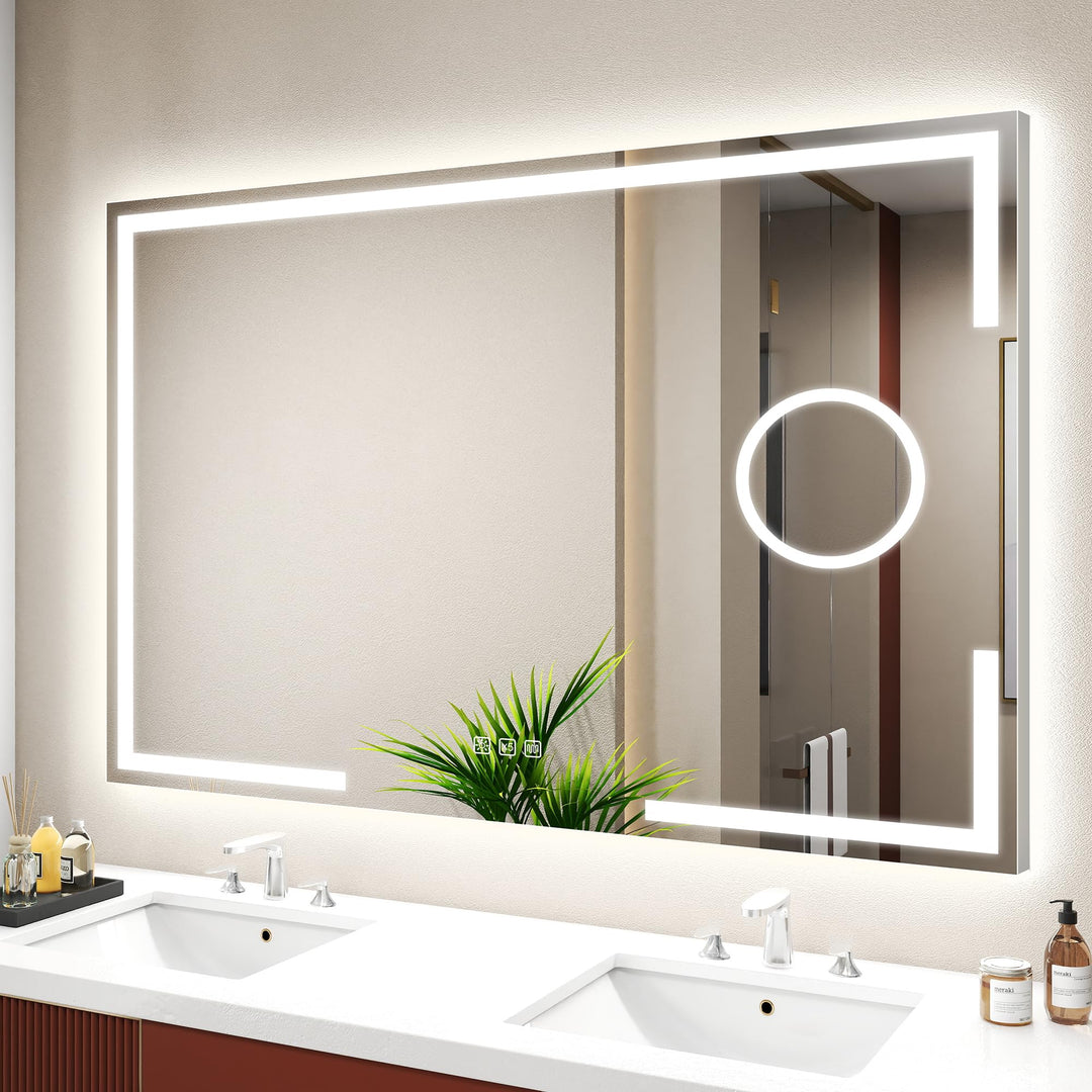 S'bagno Badspiegel-mit-Beleuchtung 100x70cm, Led-Badezimmerspiegel-mit-Licht, 5X Vergrösserungsglas,