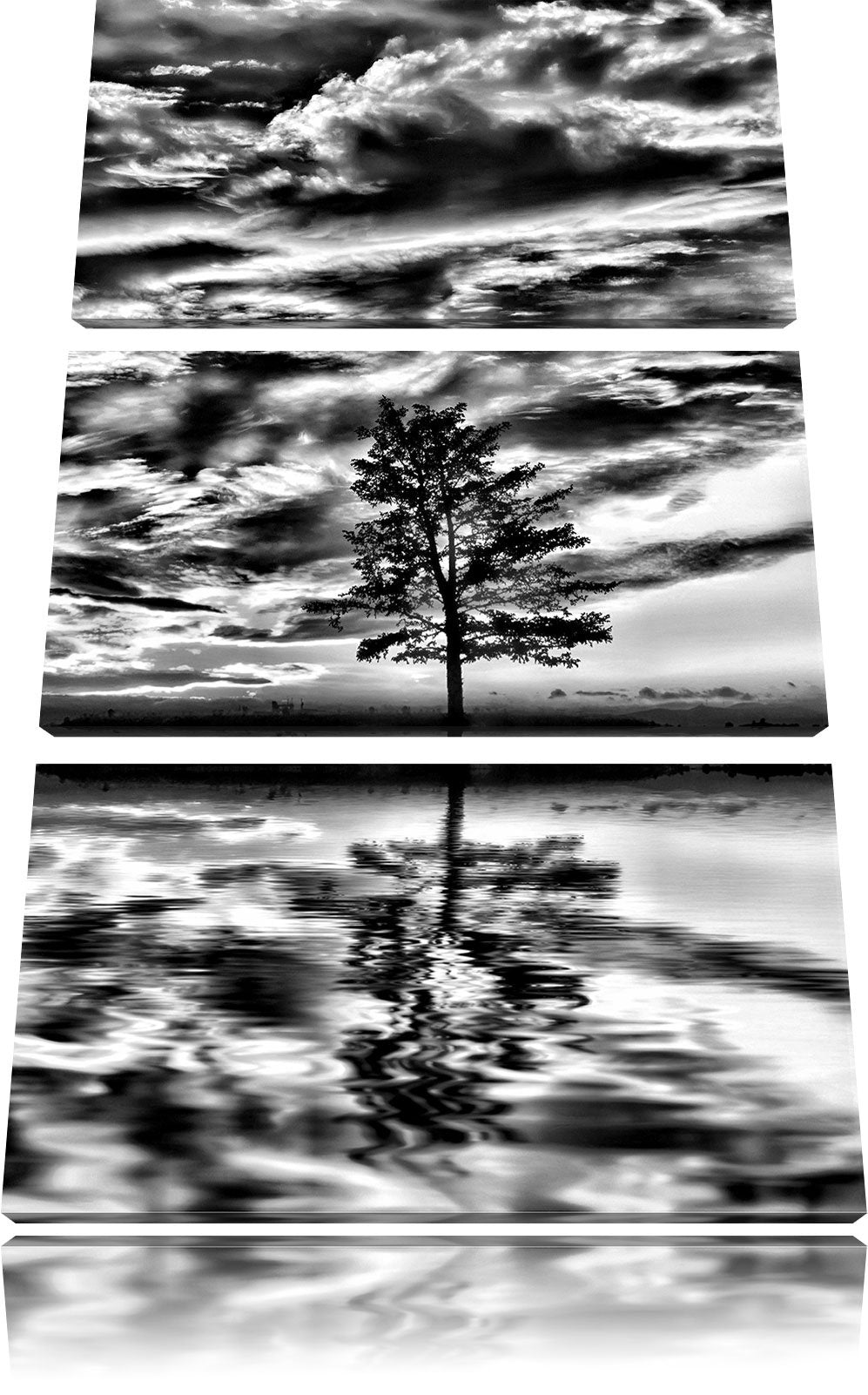 Pixxprint Monocrome, Insel im Meer Baum Sonnenaufgang Steine 3-Teiler Leinwandbild 120x80 Bild auf L