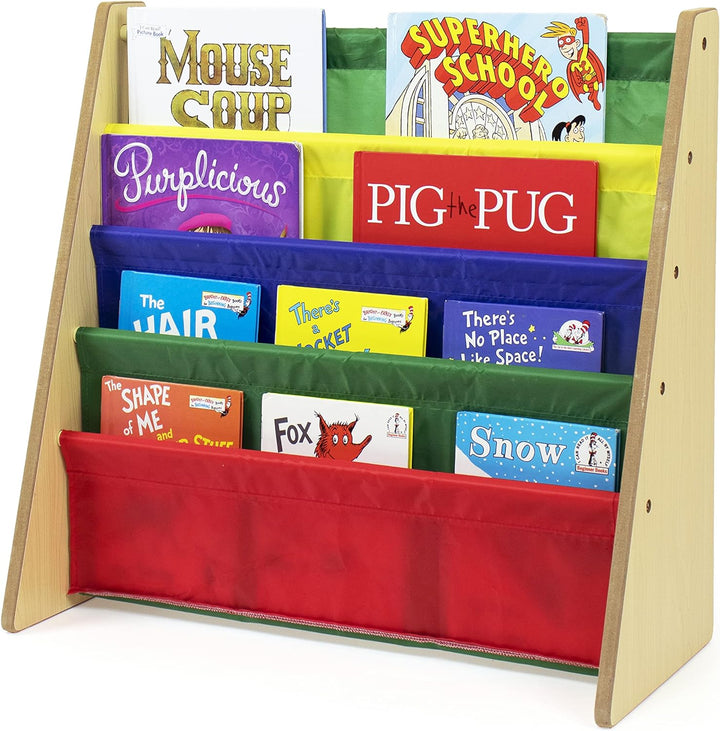 Humble Crew Kinder-Bücherregal aus Holz mit 4 Taschen, Natur- und Mehrfarbig Natural Wood/Primary, N