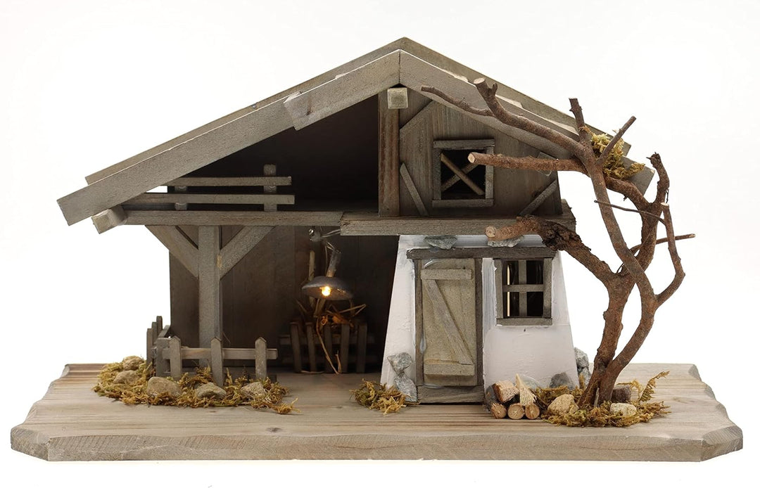 ELLUG Holz Krippenstall, Holzkrippe, Weihnachtskrippe mit Licht 38 * 18 * 21cm (OHNE Krippenfiguren)