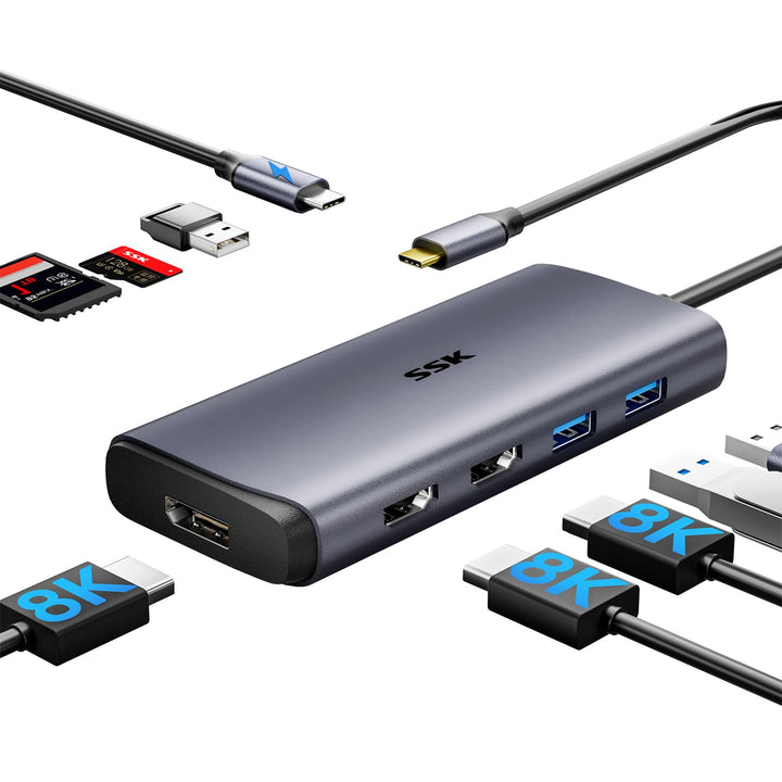 SSK USB C Dockingstation 3 Monitore, 9 in 1 Single 8K/Dual 4K60Hz USB C Hub DisplayPort Dock mit 2 H