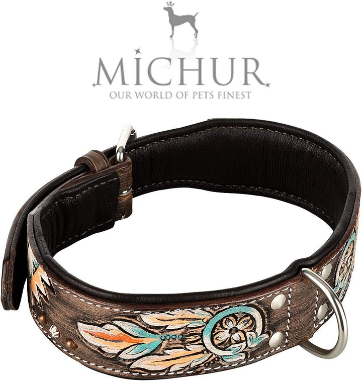 MICHUR Halona Hundehalsband Leder, Lederhalsband Hund, Halsband, Leder, Indianer, Schwarz Braun, in