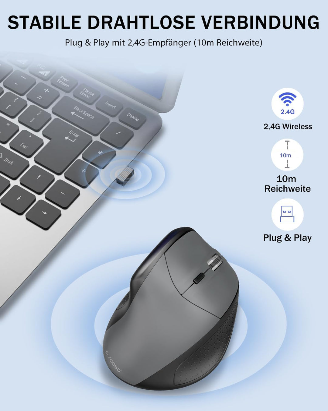 E-Yooso Ergonomische Kabellose Vertical Maus, mit 6 Tasten,Wiederaufladbarer Akku,5 einstellbaren DP