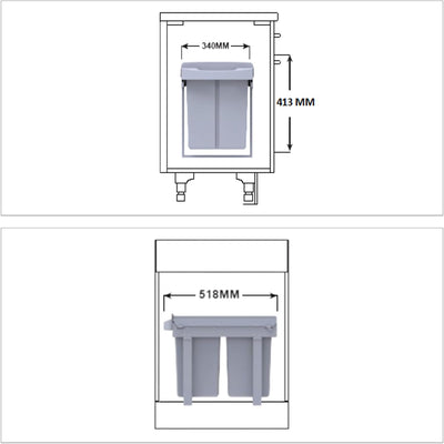 Relaxdays Einbaumülleimer 2-Fach, ausziehbar, Duo Küchenmülleimer für Unterschrank, ABS, grau, 41,3